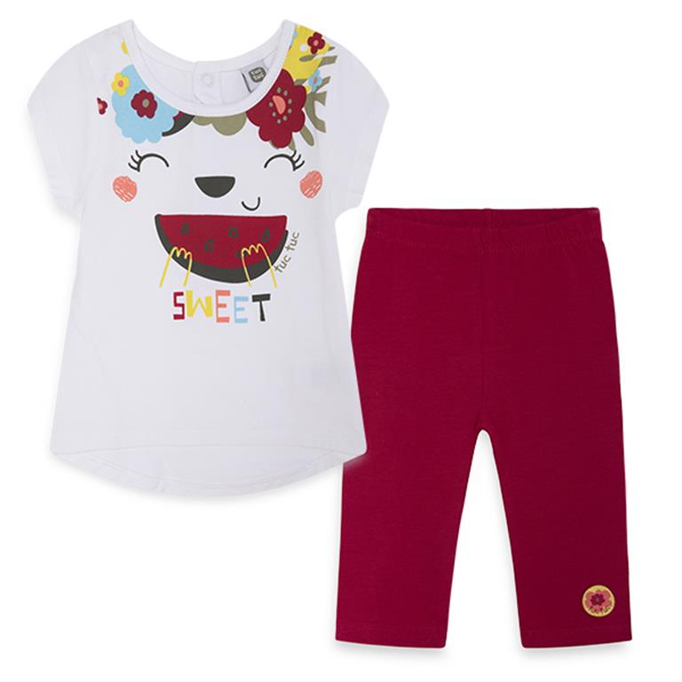 Cotton Set – White Patterned T-shirt and Red Capri Leggings