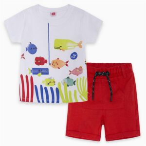 White | Red Fishing Cotton T-Shirt and Bermudas