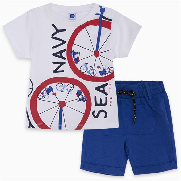 White | Blue SEA Cotton T-Shirt and Bermudas